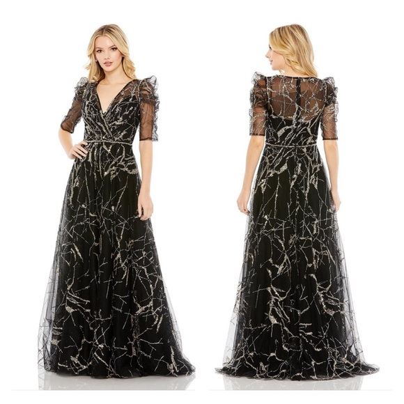 Mac Duggal 20428 NWT EMBELLISHED GATHERED PUFF SLEEVE FAUX WRAP GOWN
